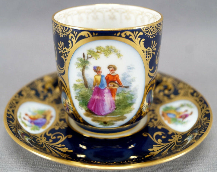 Richard Klemm Dresden Hand Painted Courting Couple Cobalt & Gold Demitasse Cup A