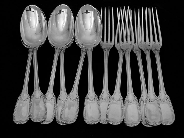 Puiforcat French Sterling Silver Dinner Flatware Set 12 pc Neoclassical