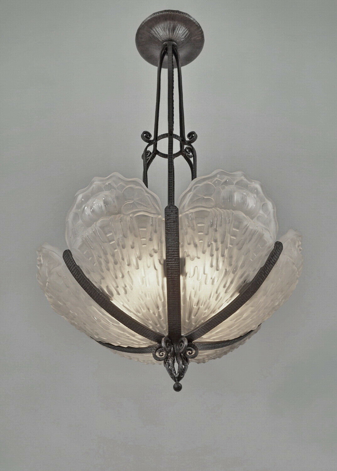 LOUIS RAVAUD : LARGE 1930 FRENCH ART DECO CHANDELIER . wrought iron muller era