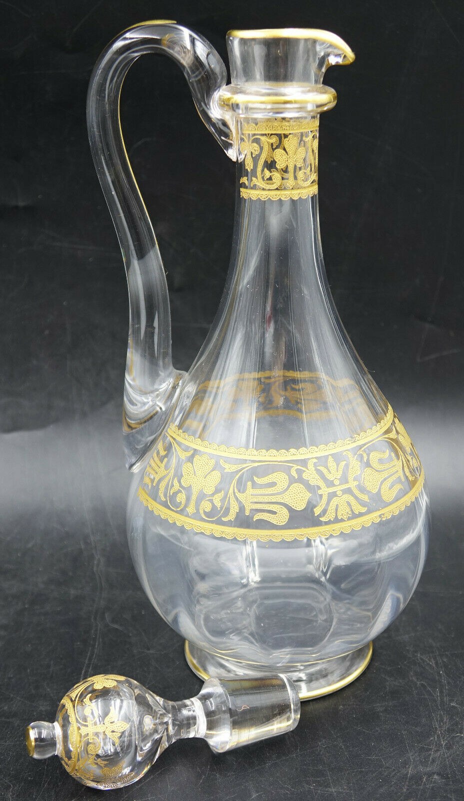 French Baccarat Crystal Handled Wine Decanter Gold Encrusted Fleur De Lys 1907