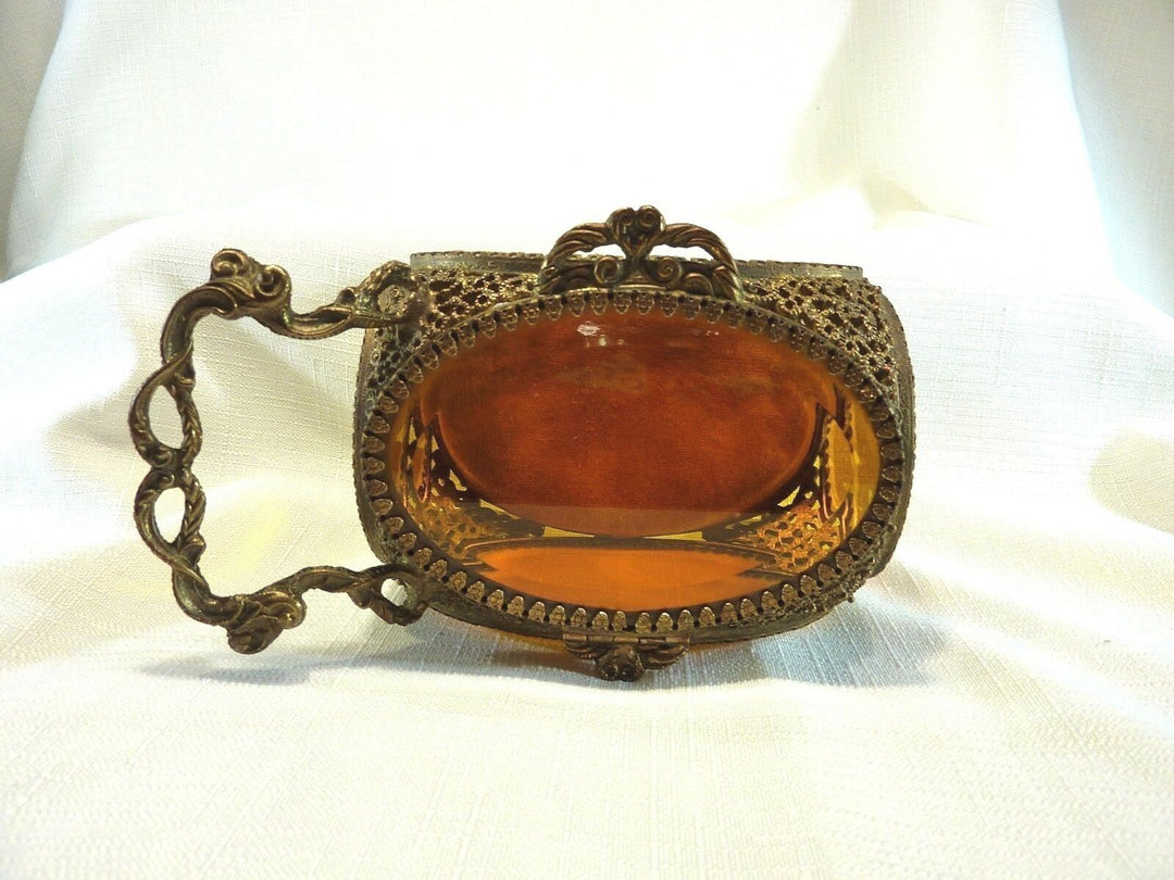 Vintage Ormolu 24k Gold Plate Amber Colour Beveled Glass Jewel Casket