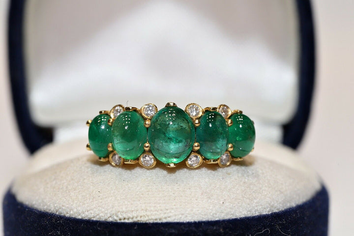 18K ナチュラルダイヤモンドとカボションカットエメラルドのリング