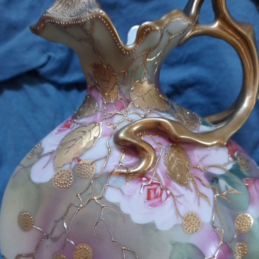 オールドノリタケ　メイプルリーフ印　ピンクローズと金彩の水差し