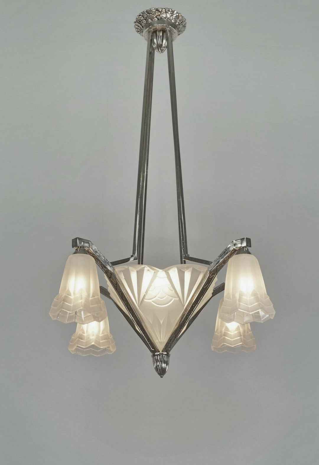 DEGUE: signed FRENCH 1930 ART DECO CHANDELIER ... bronze lustre lamp muller era