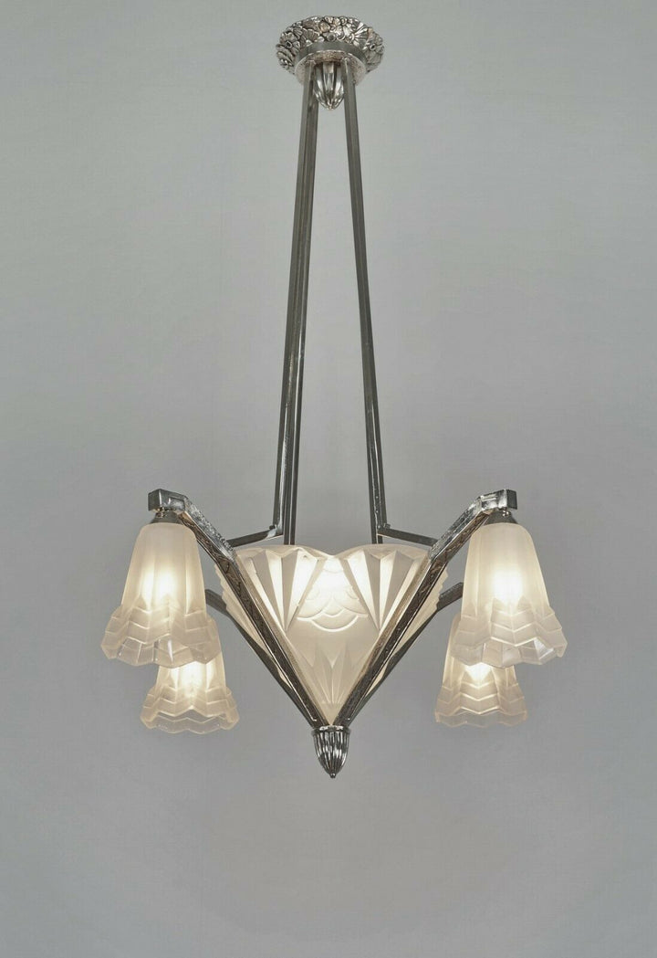 DEGUE: signed FRENCH 1930 ART DECO CHANDELIER ... bronze lustre lamp muller era