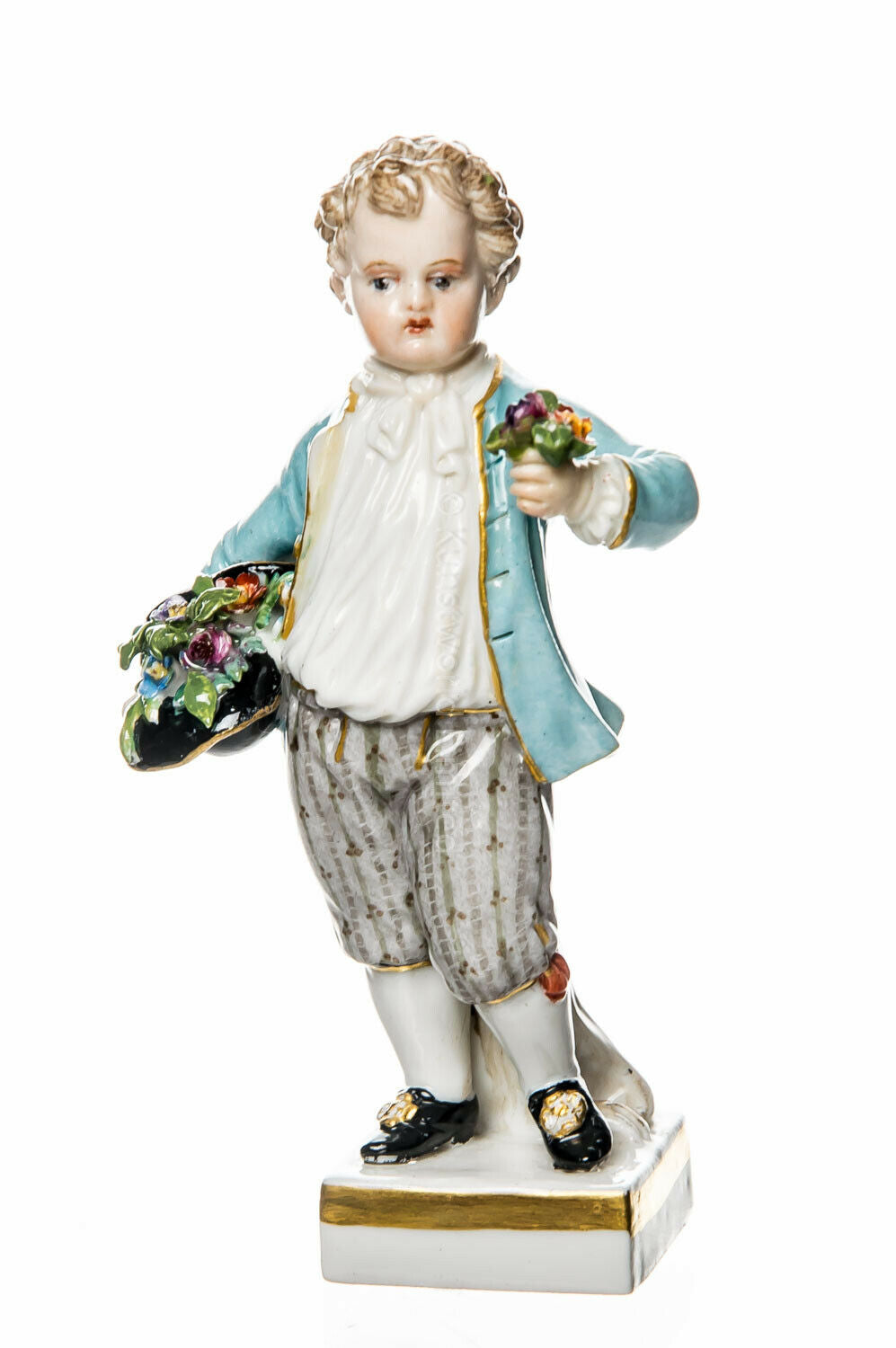 マイセン人形　帽子と花を持った庭師の少年　塗装　一級品モデル　G2　トップ