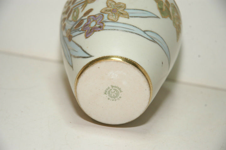 Noritake Nippon Morimura Two Handled Hand Painted Gilded Floral Vase 7.75" tall