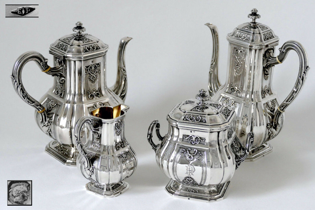 Puiforcat French Sterling Silver 18k Gold Tea, Coffee Set 4 pc, Regency