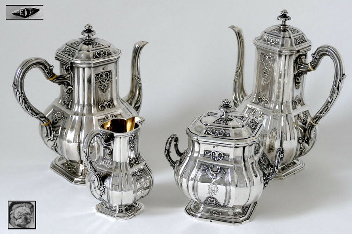 Puiforcat French Sterling Silver 18k Gold Tea, Coffee Set 4 pc, Regency