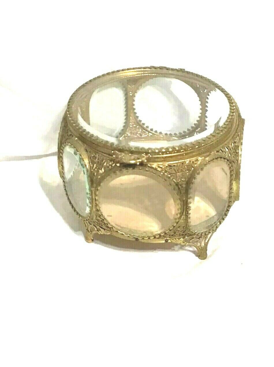 Vintage Filigree Ormolu Jewelry Casket 8 Sided Beveled Glass Ornate Trinket Box