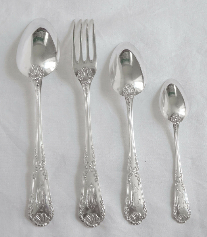 PUIFORCAT : ménagère en ARGENT MASSIF modèle Pompadour, POINCON MINERVE - 80pcs