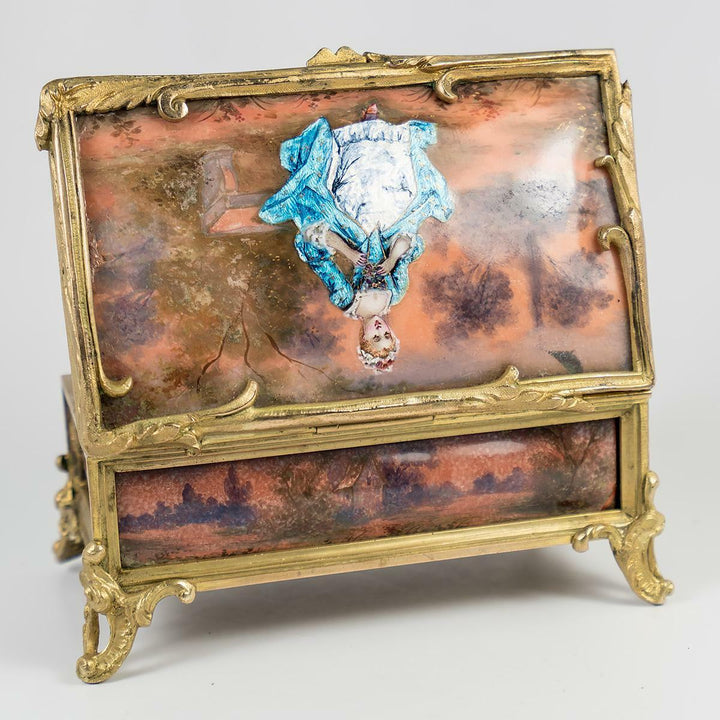 Rare Antique French Kiln-fired Enamel Jewelry box, Chocolatier's Signature