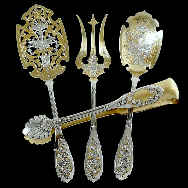 Puiforcat French Sterling Silver 18k Gold Dessert Set 4 Pc, Box, Moderne