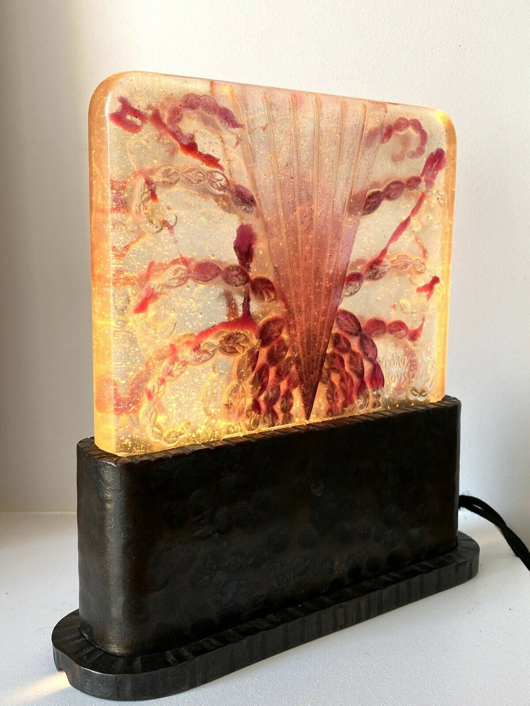 Lampe Veilleuse Algues Blanche Rose Fer Forgé Argy Rousseau Night Lamp Iron Base