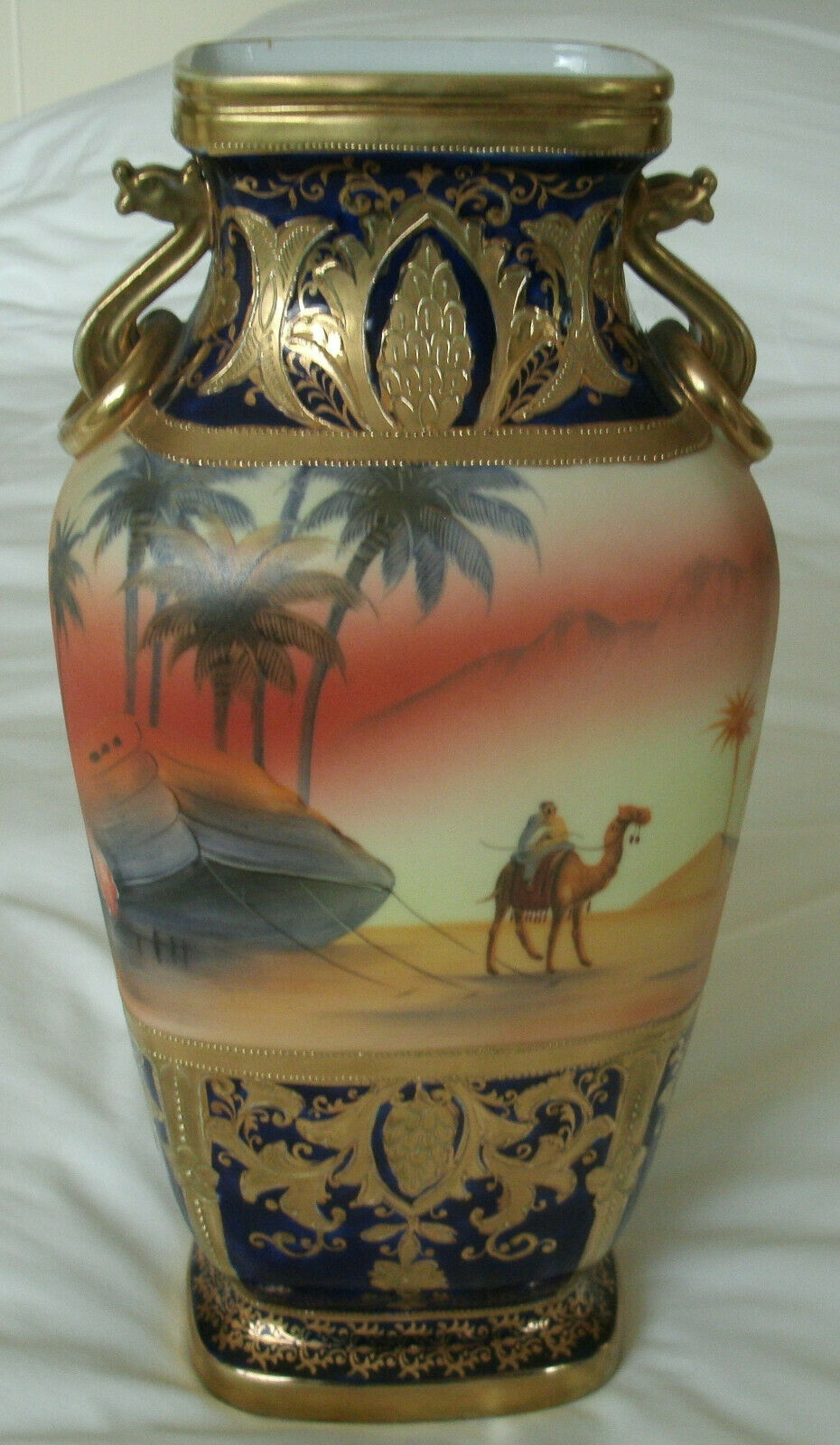 A Stunning Gold Encrusted Noritake Desert Scene Camel Pattern Large 12 in Vase