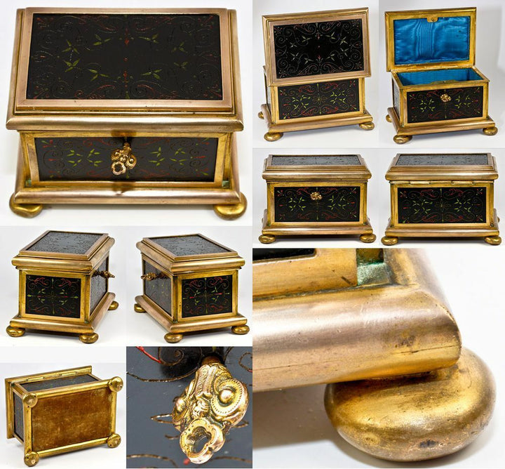 Antique French Pietra Dura & Bronze Jewelry Casket, Box, Painted Marble