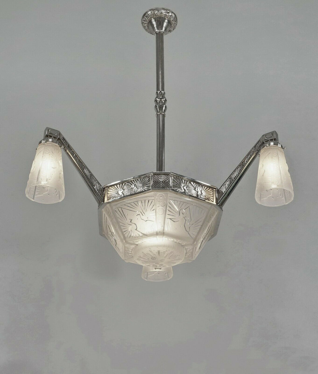 FRENCH 1930 ART DECO peacock CHANDELIER BY MULLER FRERES ..... bronze
