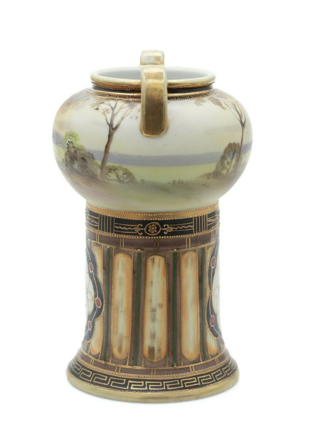 Antique Noritake Porcelain Pedestal Vase with Landscape Scene, Art Deco Period