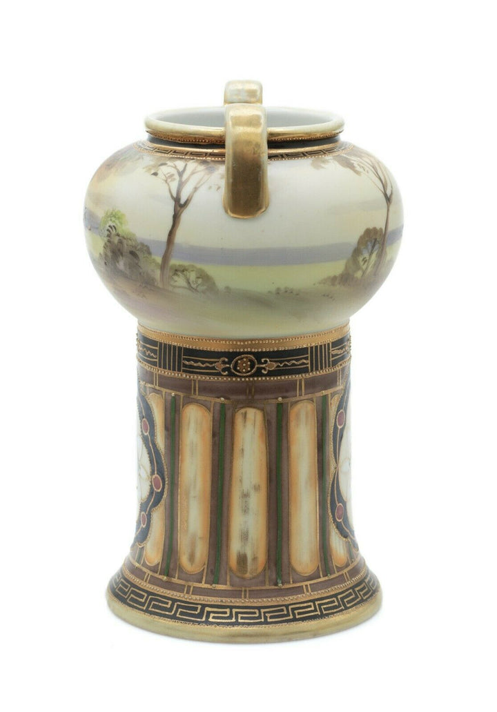 Antique Noritake Porcelain Pedestal Vase with Landscape Scene, Art Deco Period