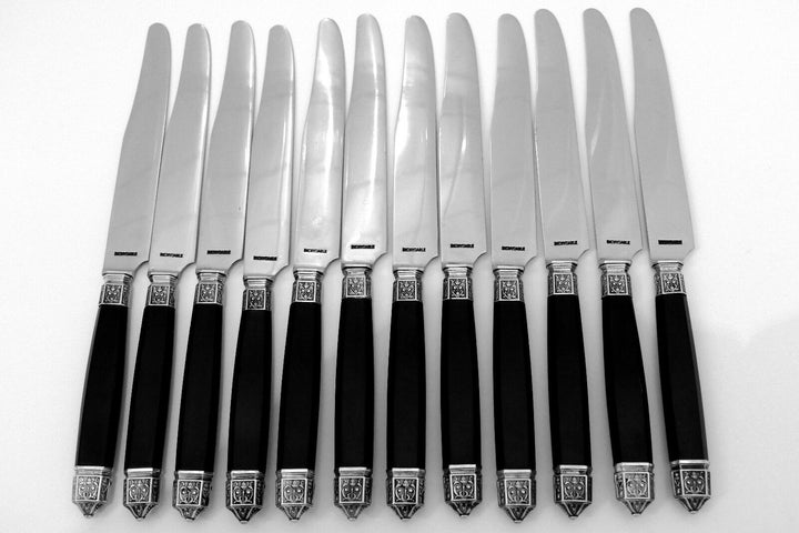 Antique French Silver & Ebony Dinner Knife Set 12 pc Renaissance
