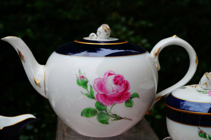 Meissen handpainted blue cobalt red rose tea set for 6 persons