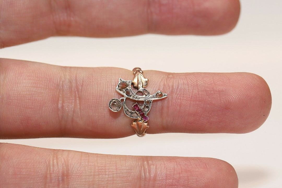 アンティーク 8K ナチュラルローズカットダイヤモンドとカリバールビーのオスマンリング