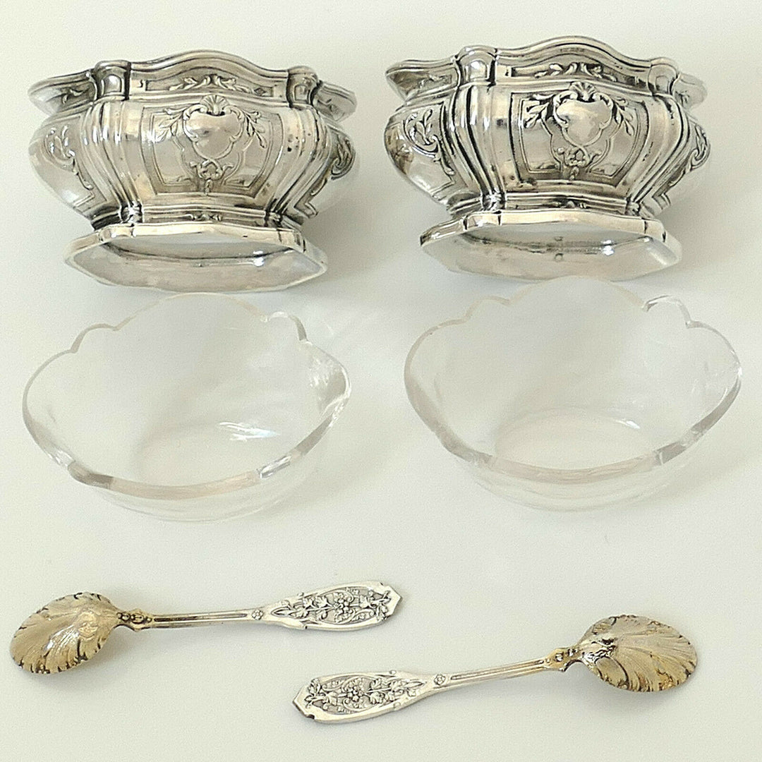 Puiforcat French Sterling Silver Salt Cellars Pair, Spoons, Box,