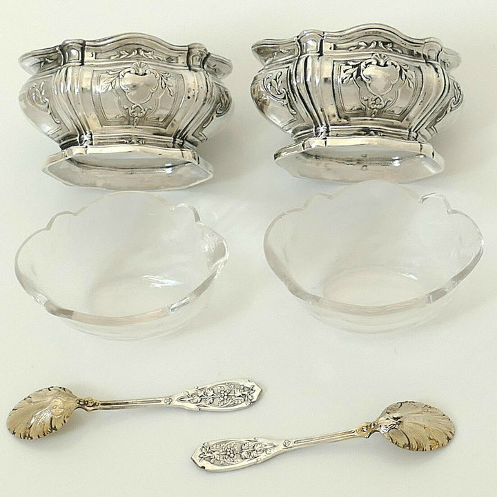 Puiforcat French Sterling Silver Salt Cellars Pair, Spoons, Box,