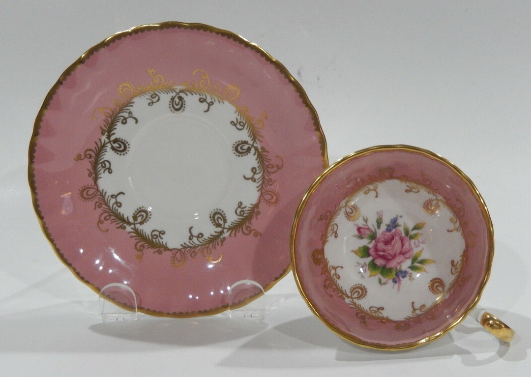 AYNSLEY PINK ROSE FLORAL BOUQUET CUP & SAUCER PINK Colorway OBAN Shape c1952