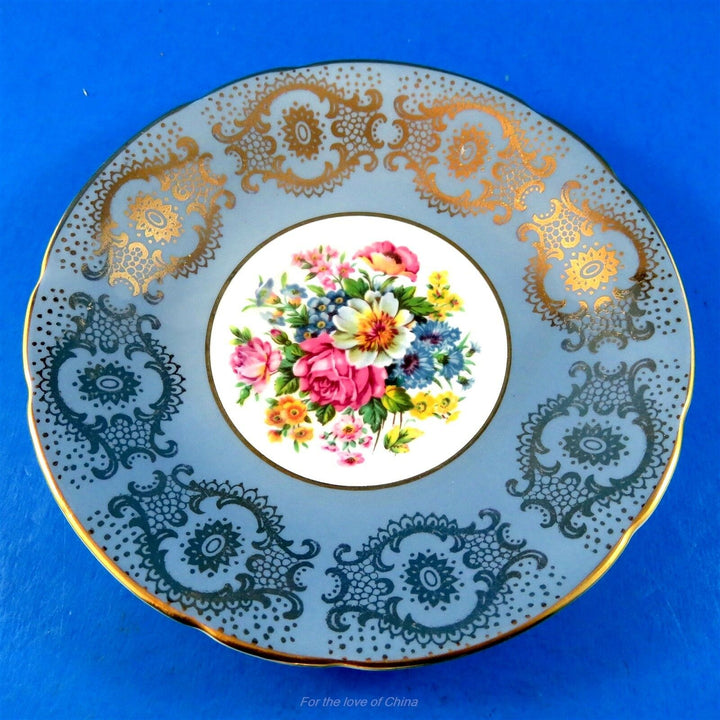 パラゴン　ダークグレイとブルー縁とフローラルブーケのカップ&ソーサー