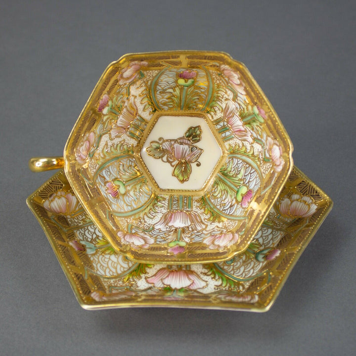 Nippon Hand Painted Embellished Gold Moriage Floral Tea Cups Saucers Rare Set 4
