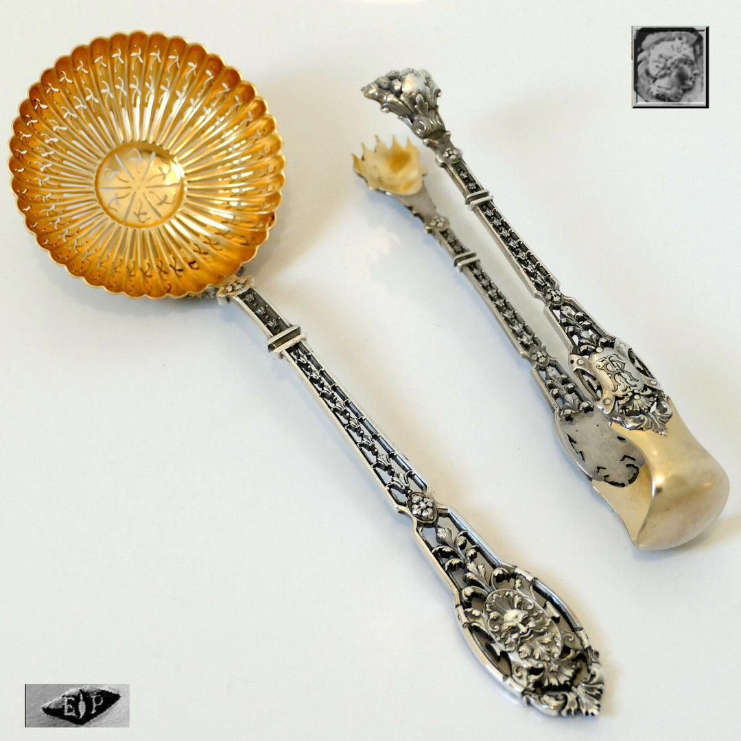 Puiforcat French Sterling Silver Sugar Sifter Spoon & Sugar Tongs, Box, Mascaron
