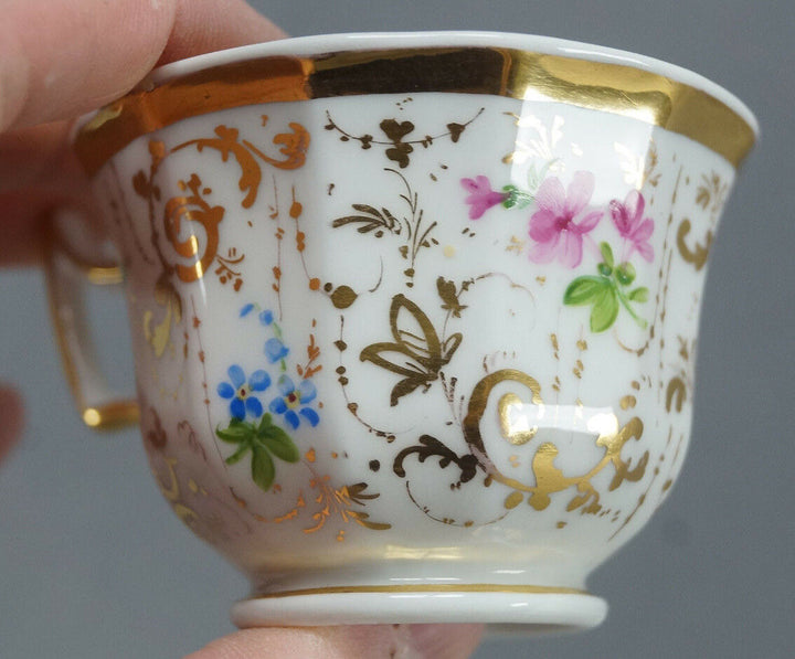 KPM Berlin Hand Painted Multicolor Floral & Gold Demitasse Cup & Saucer C. 1840s
