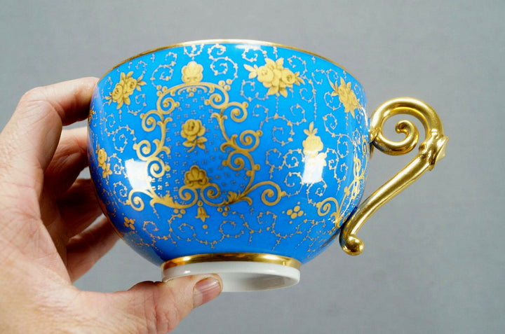19th Century KPM Berlin Wilhelm I Royal Blue Gold Floral Oversized Cup & Saucer
