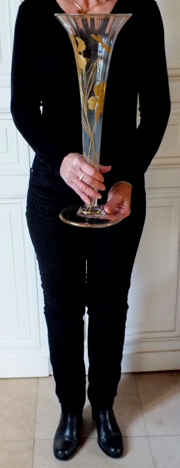 Grand Vase Art Nouveau Cornet Emaille Or Baccarat