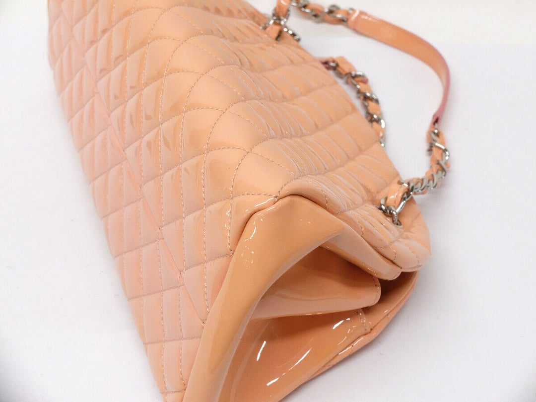 CHANEL Patent Tote Shoulder Bag Beige Pink Silver HW Medium
