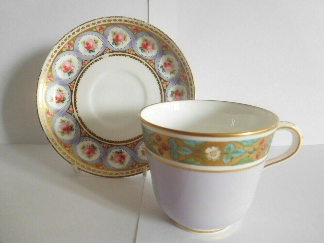 MISMATCHED ANTIQUE (1866) PURPLE MINTON ENAMELLED ROSE STRAWBERRY CUP AND SAUCER