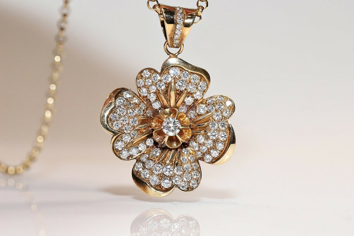ビンテージ オリジナル 18K ゴールド 天然ダイヤモンド 装飾フラワーネックレス