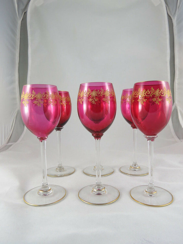 FINE FRENCH Baccarat RUBY GLASS SET OF 6 WINE GOBLET w/ GOLD, Recamier PATTERN