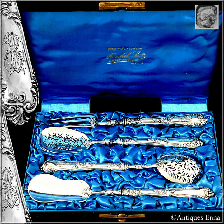 Soufflot French All Sterling Silver Dessert Hors d'Oeuvre Set 4 Pc, Original Box