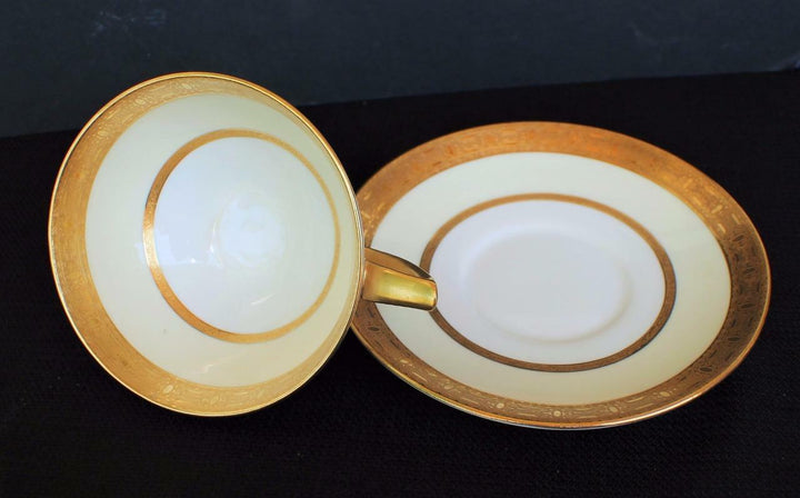 Vintage MINTON England Older Globe Gold Encrusted Cream Band #K155 Cup & Saucer