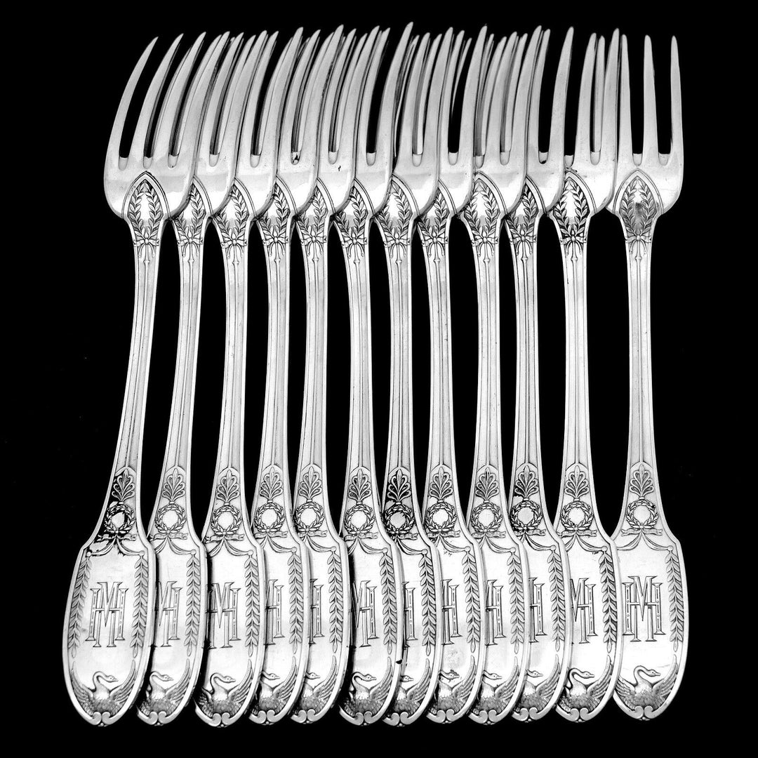 Puiforcat French Sterling Silver Flatware Set 92 Pc, Empire, Swan, Box
