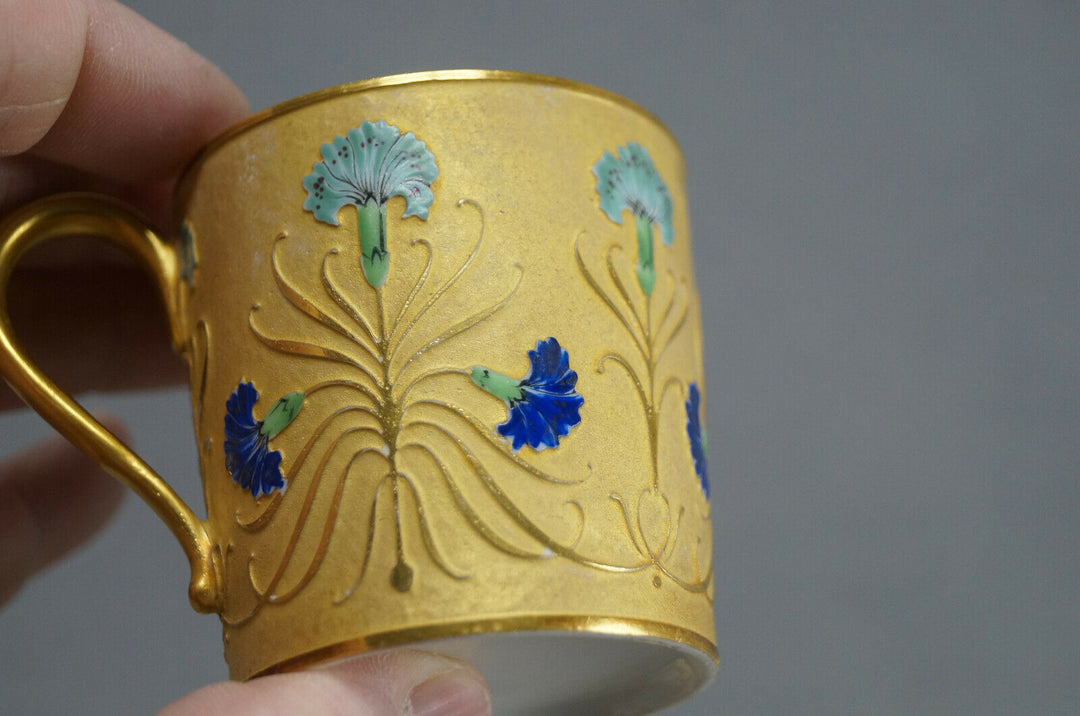 Antique French Hand Painted Blue Carnation Flower & Gold Demitasse Cup & Saucer