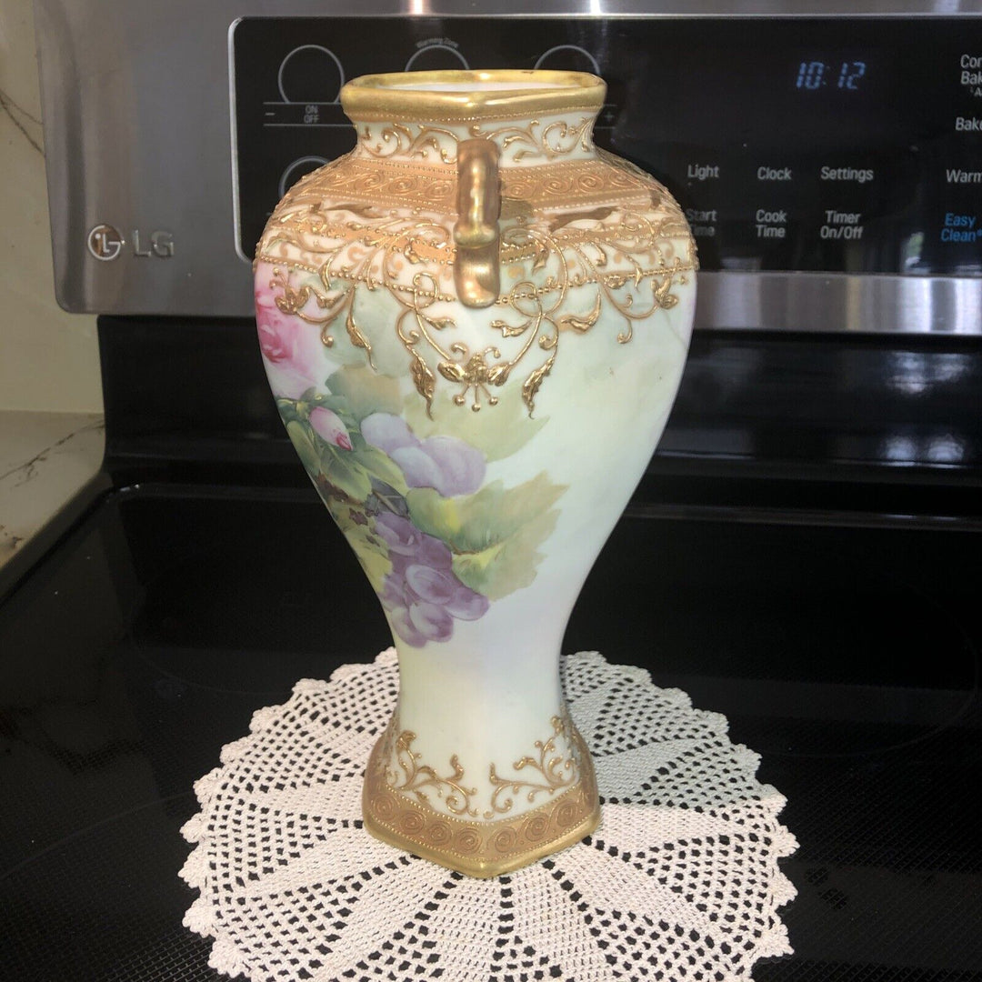 オールドノリタケ　メイプルリーフ印　ピンクローズと金彩の高級花瓶