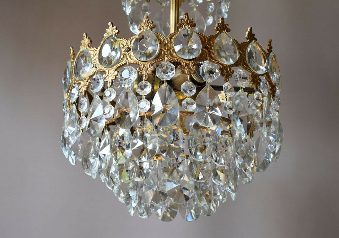 Brass Vintage Crystal Chandelier, Antique Lighting Bridal Lamp French Lustre