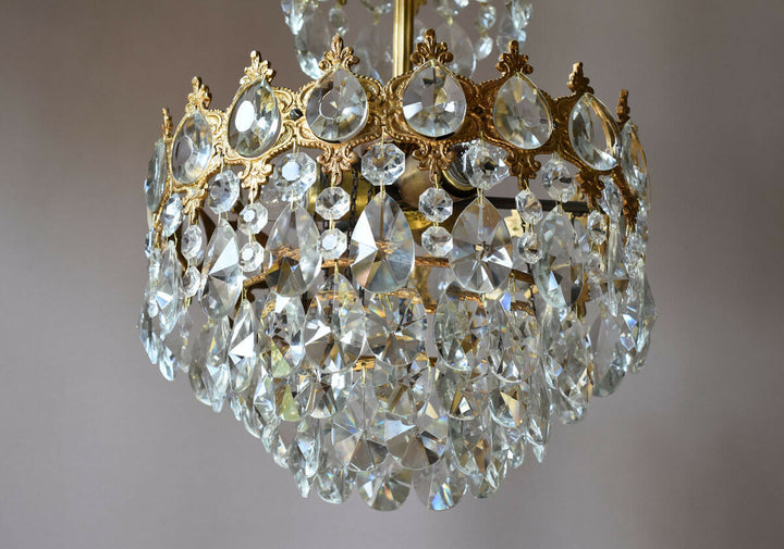 Brass Vintage Crystal Chandelier, Antique Lighting Bridal Lamp French Lustre