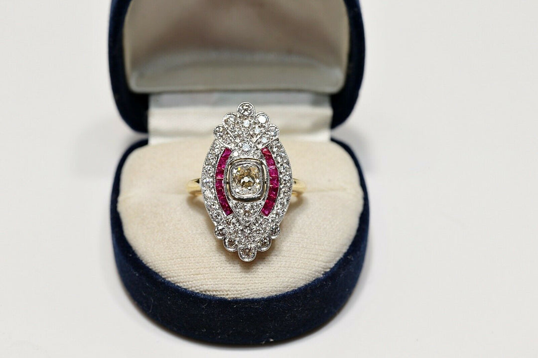 アールデコスタイル 18K ナチュラルダイヤモンドとルビーのナヴェットリング