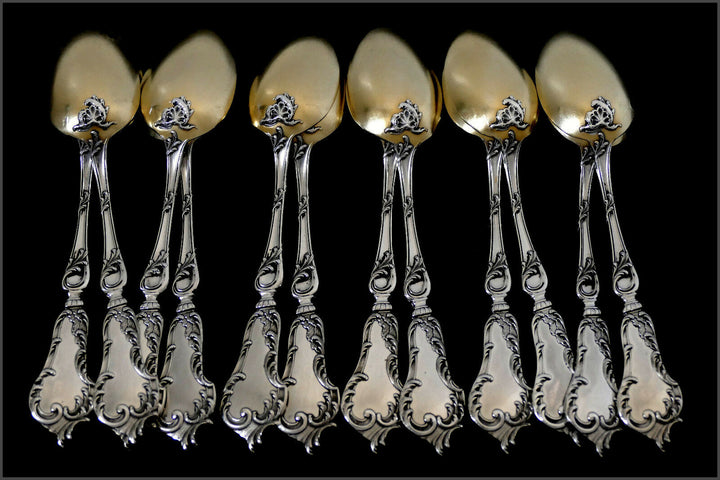 Soufflot French Sterling Silver 18k Gold Tea Coffee Spoons Set 12 pc Rococo