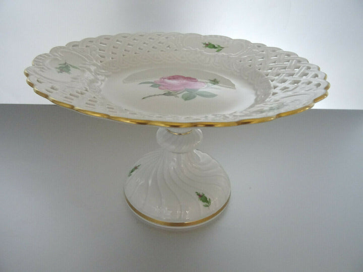 マイセン(Meissen)　ピンクローズ　透かし皿　脚付きコンポート