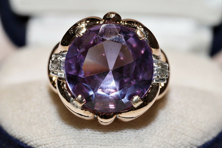 オールド オリジナル ヴィンテージ 14K ナチュラルローズカットダイヤモンドとアメシストのリング